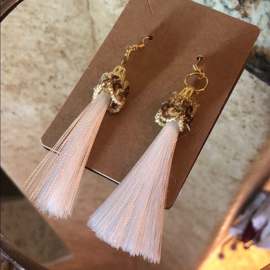White And Gold Boho Tassel Earrings
